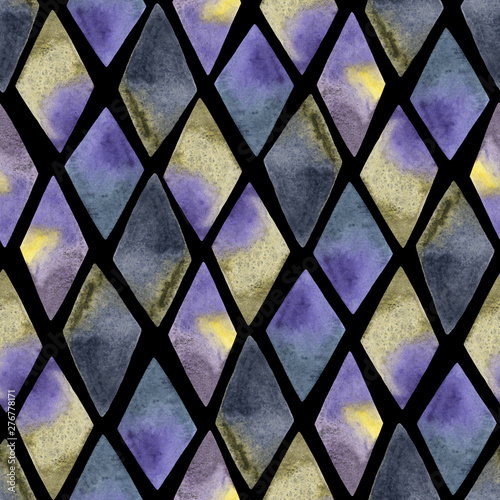 Seamless pattern with watercolor hand painted textured rhombus on black background