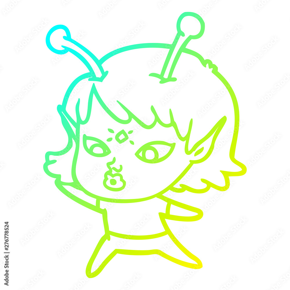 Fototapeta premium cold gradient line drawing pretty cartoon alien girl
