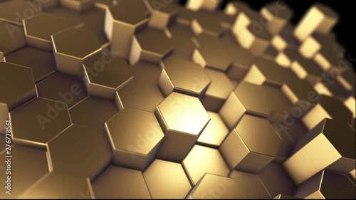 Hexagon technology golden abstract pattern background, many clean technical geometric hexagons like wave, optical illusion, computer generated 3D rendering background