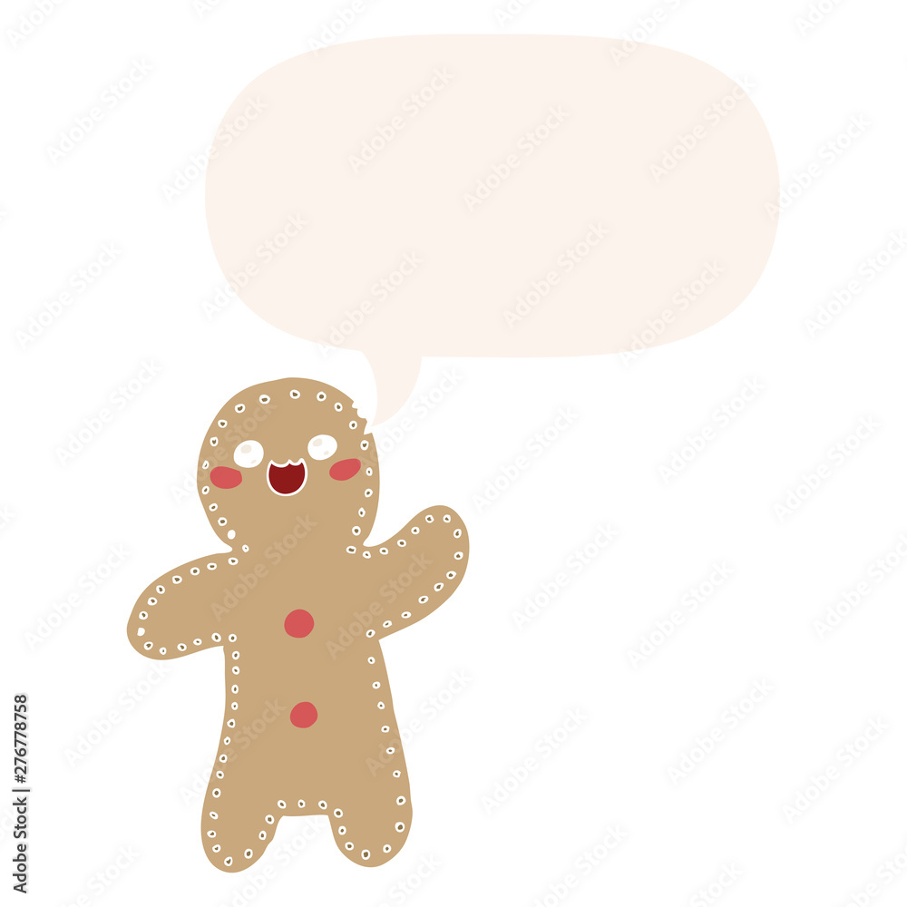 cartoon gingerbread man and speech bubble in retro style