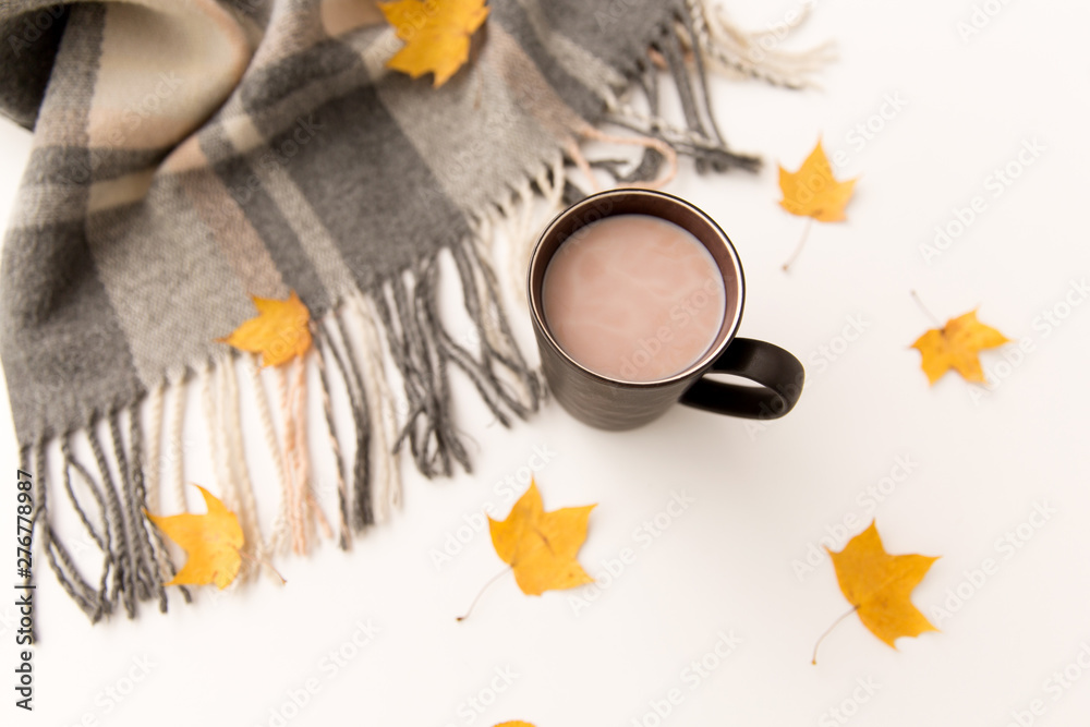 drinks and season concept - cup of hot chocolate, autumn leaves and warm blanket on white background drinks and season concept - cup of hot chocolate, autumn leaves and warm blanket on white background