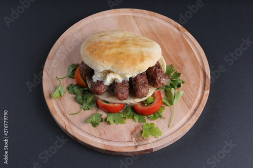 Sandwich, bread, dish, cheese, burger, salad,tomato on black background.