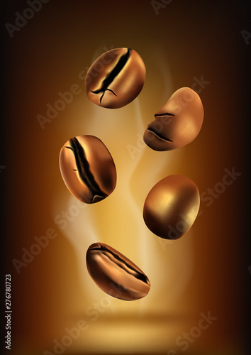 Coffee beans set on a dark background and steam, for design. Vector