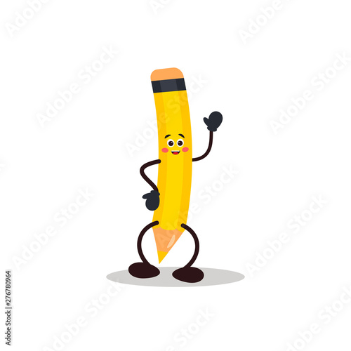 Happy cartoon pencil character. Kawaii humanized funny pencil. Vector illustration isolated on white background. Education concep.