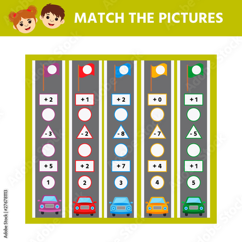 Math Game for children. Labyrinth. Cartoon cars. Help the car get to the finish line. Education developing worksheet. Vector illustration