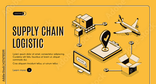 Business logistics service, commercial goods delivery company isometric vector web banner, landing page template with supply chain elements, transport, tools and equipment line art illustrations