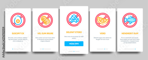 Allergen Free Products Vector Onboarding Mobile App Page Screen. Allergen Free Food, Drink Linear Pictograms. Healthy Produce, Safe Dairy, Poultry, Cereals. Genetic Nutrients Intolerance Illustration