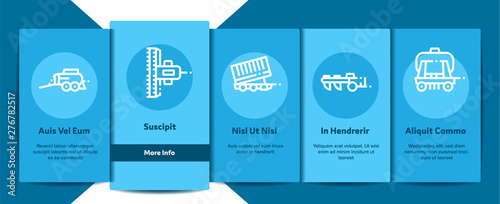 Agricultural Vehicles Vector Onboarding Mobile App Page Screen. Agricultural Transport, Harvesting Machinery Linear Pictograms. Harvesters, Tractors, Irrigation Machines, Combines Illustration