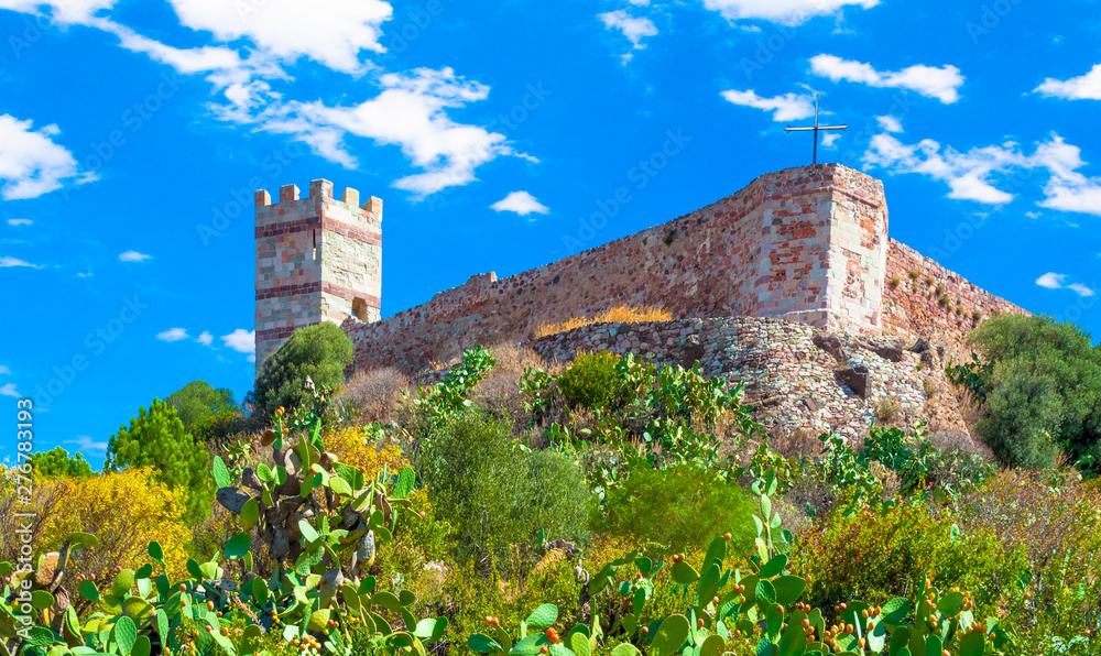 the castle Malaspina above the village of Bosa on a sunny day - Sardinia