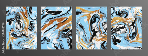 Multicolor marbled paper vector illustrations pack. Modern hand drawn paintings with liquid mixture effect.