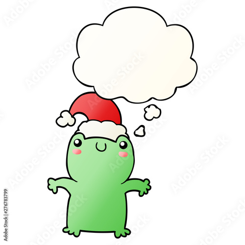 cute cartoon frog wearing christmas hat and thought bubble in smooth gradient style