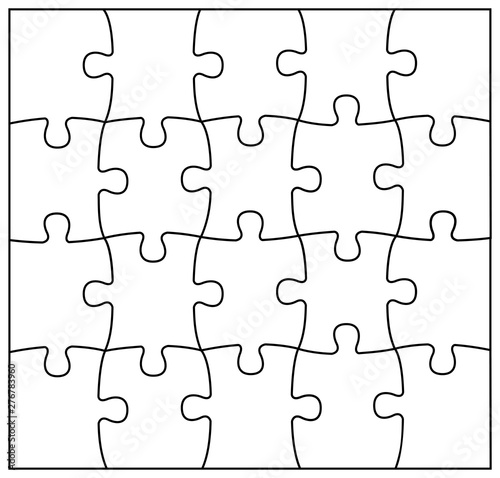 Set of black and white puzzle pieces. Jigsaw grid puzzle 20 pieces. Line mockup - stock vector.