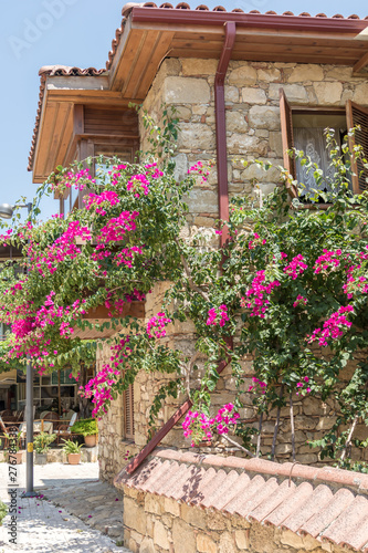 Wunderschönes Wohnhaus mit Fassade aus Natursteinen und dekorativen lila Blumen