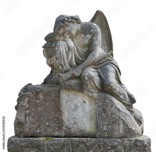 Old cemetery statue of angel on white background