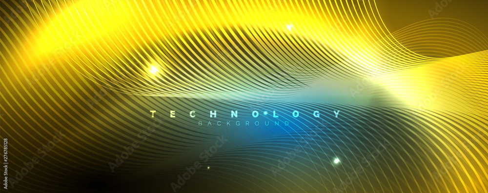 Trendy neon blue abstract design with waves and circles. Neon light glowing effect. Abstract digital background.