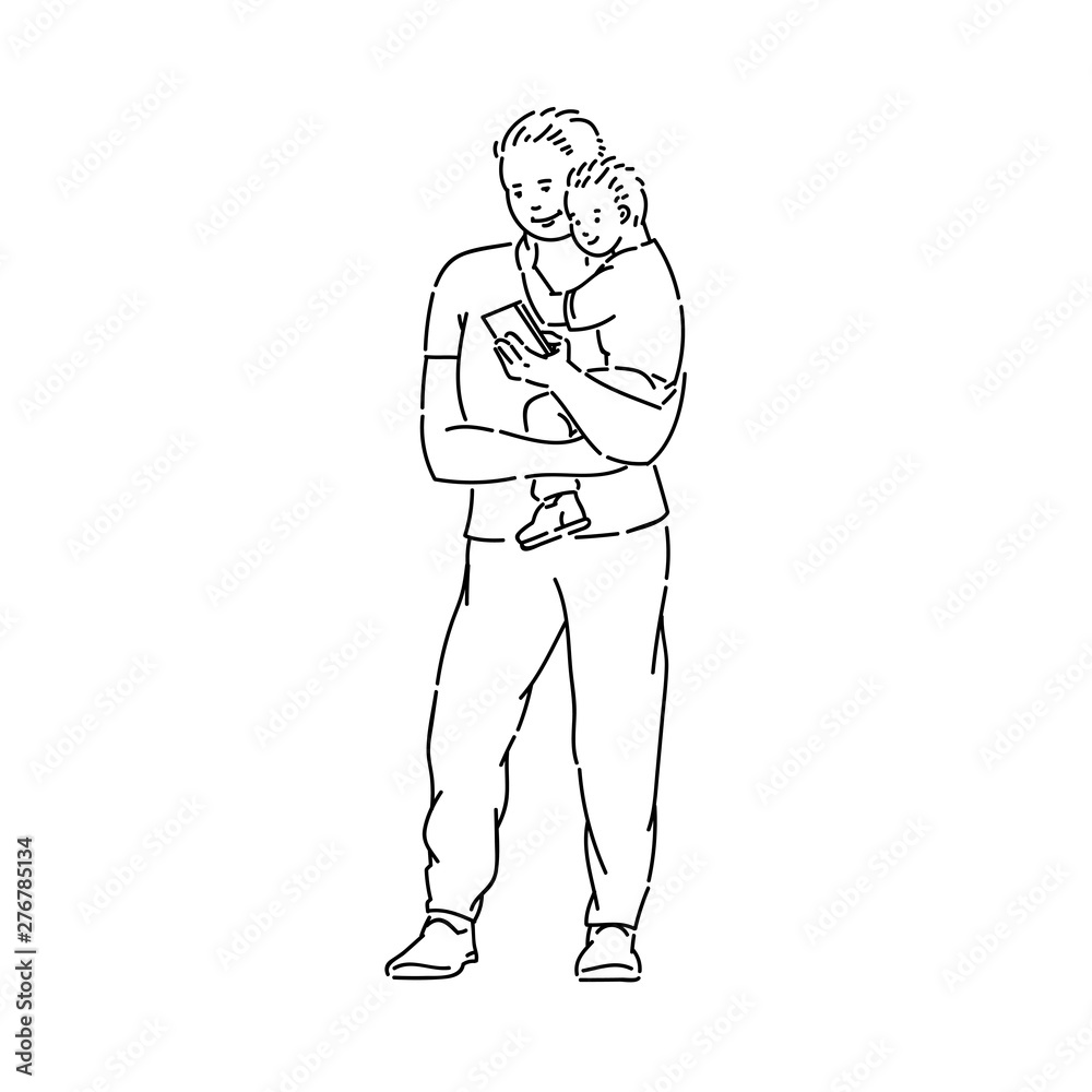 Father holds son his arms and looks into phone vector line art black white sketch isolated illustration. Father holds son his arms and looks into phone vector line art black white sketch isolated illustration.