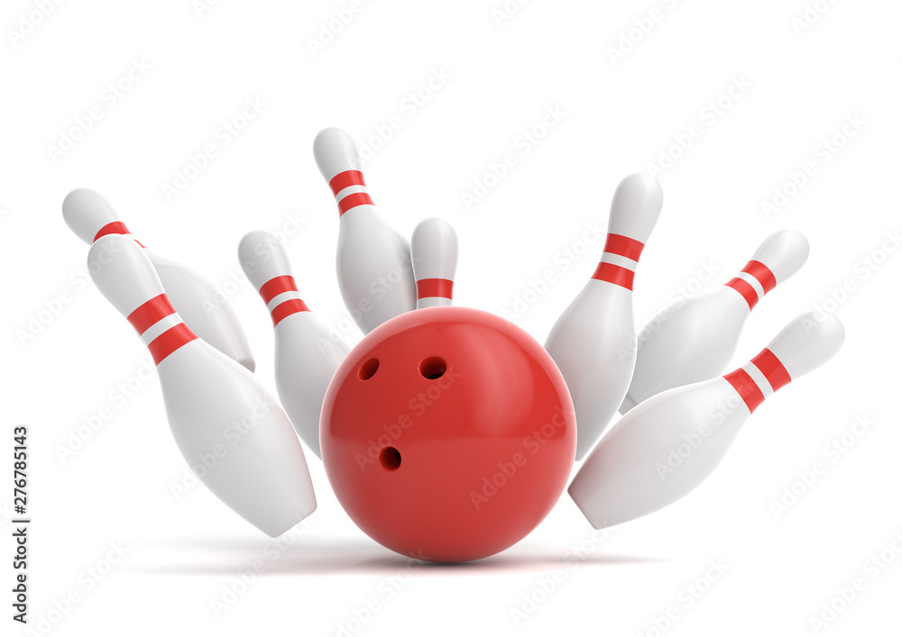 Red Bowling Ball and scattered white skittles isolated on white background. Realistic game set. 3D rendering illustration Red Bowling Ball and scattered white skittles isolated on white background. Realistic game set. 3D rendering illustration