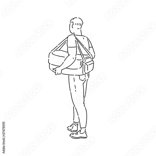 Young man with large bag on his shoulder turned his back vector line art black white sketch isolated illustration.