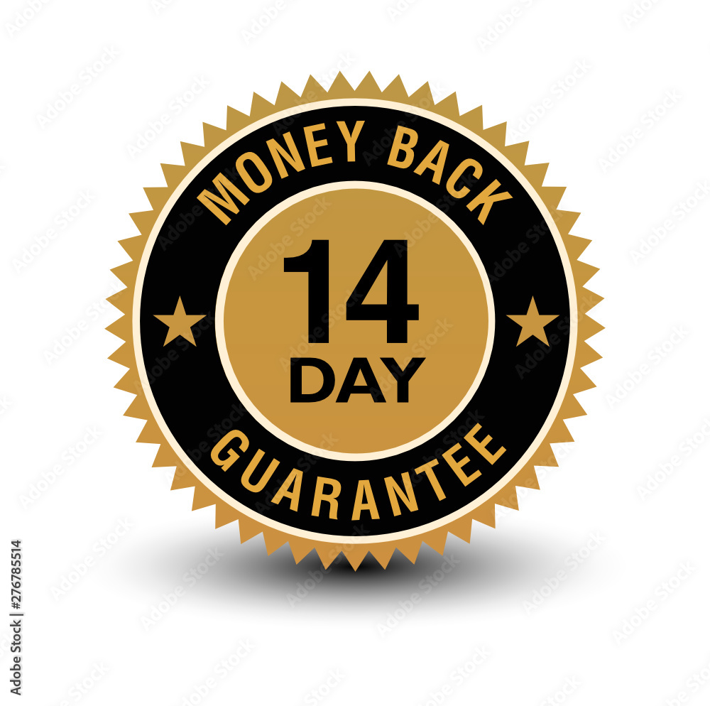 Simple yet powerful golden 14 day money back guaranteed badge.