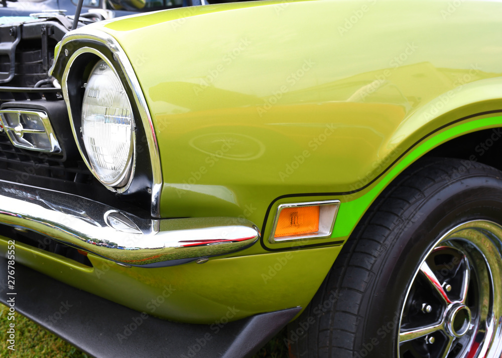 Green 1970's muscle car front end