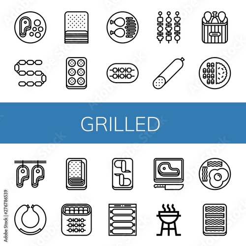 Set of grilled icons such as Steak, Sausage, Bacon, Meatball, Chicken leg, Shish kebab, Smoked sausage, Meat, Meatloaf, Chicken wings, Charcoal grill, Fried eggs , grilled