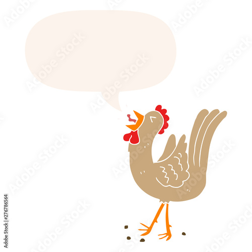cartoon crowing cockerel and speech bubble in retro style