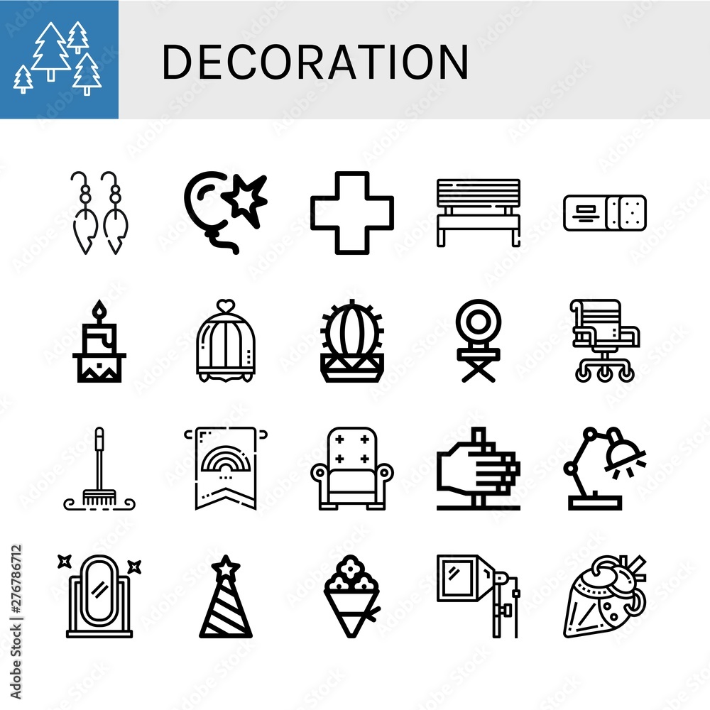 Fototapeta premium Set of decoration icons such as Forest, Earrings, Burst, Cross, Bench, Cracker, Candle, Bird cage, Cactus, Chair, Brush, Banner, Armchair, Fire, Desk lamp, Full length mirror , decoration