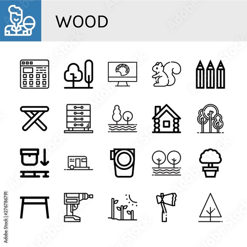 Set of wood icons such as Table tennis, Tiles, Tree, Painting palette, Squirrel, Color pencils, Stool, Drawers, Wooden house, Park, Use pallet, Camping, Paddle, Table, Driller , wood