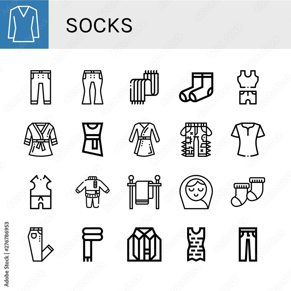 Set of socks icons such as Blouse, Jeans, Scarf, Socks, Clothes, Bathrobe, Clothes line, Baby girl , socks