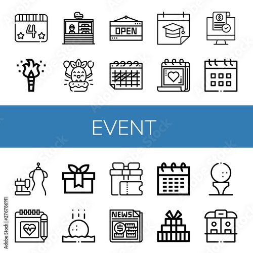 Set of event icons such as th of july, Torch, Stand, Birthday, Open, Calendar, Medical appointment, Release, Bride dress, Schedule, Gift, Golf ball, News, Ticket office , event