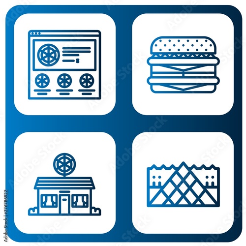 Set of cheese icons such as Pizza, Cheeseburger, Pizza shop, Louvre , cheese