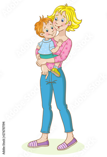 Happy family. Young mother stands with a small child in her arms.  In cartoon style. Isolated on white background.  