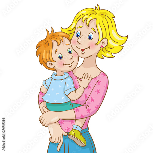 Happy family. Young mother with a small child in her arms. Half-length  portrait in cartoon style. Isolated on white background.