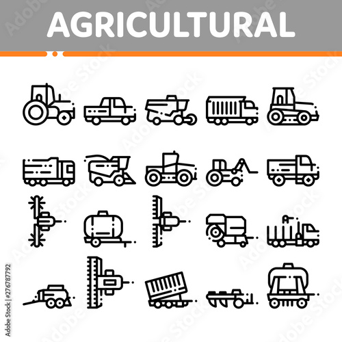 Agricultural Vehicles Vector Thin Line Icons Set. Agricultural Transport, Harvesting Machinery Linear Pictograms. Harvesters, Tractors, Irrigation Machines, Combines Color Contour Illustrations