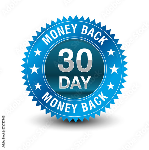 Blue powerful 30 day money back guarantee badge.