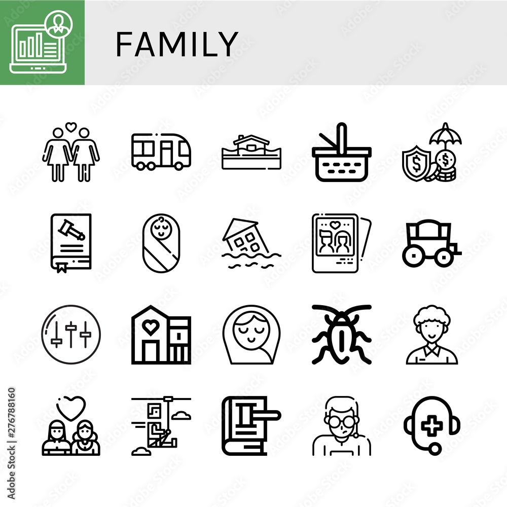 Set of family icons such as Demographic, Lesbian, Minibus, Flood, Picnic basket, Insurance, Constitution, Baby, Couple, Carriage, Equalizer, Shelter, Baby girl, Cockroach , family