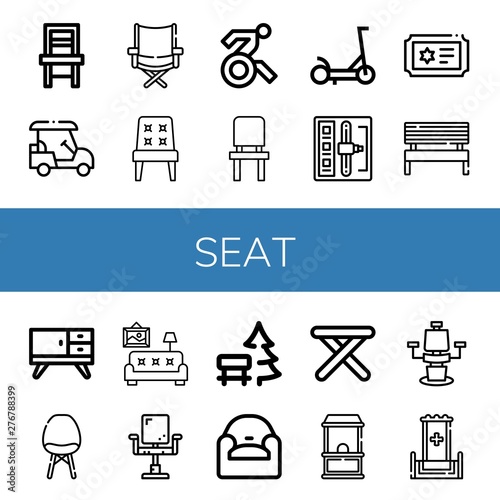 Set of seat icons such as Chair, Golf cart, Directors chair, Disabled, Scooter, Shift stick, Ticket, Bench, Furniture, Living room, Armchair, Stool, Ticket office, Throne , seat