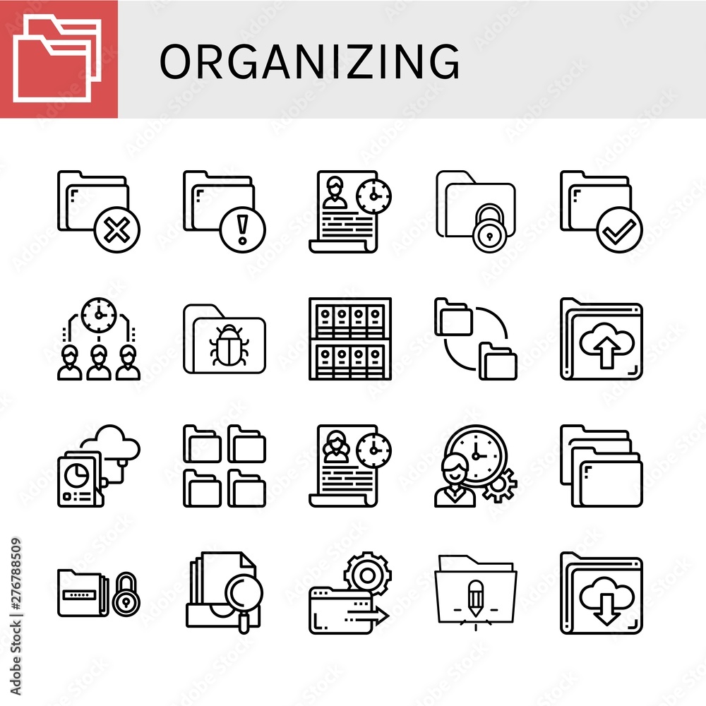 Set of organizing icons such as Folder, Time management, Binders, Folders, Archive , organizing