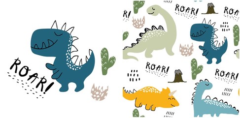 Handdoek met foto Jongenskamer Schattige dinosaurussen naadloos patroon  © neapol