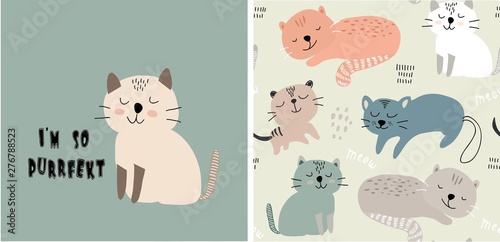 set of cute cat print and seamless pattern with cats. vector