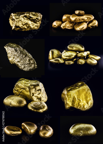 Collection of gold nuggets on isolated black background. High resolution photo of gold stones. Concept of luxury and wealth.