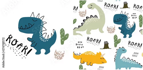 Obraz zestaw ładny druk dinozaurów i wzór z dinozaurami. ilustracji wektorowych