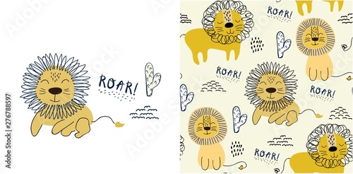 set of cute lion print and seamless pattern with lions. vector
