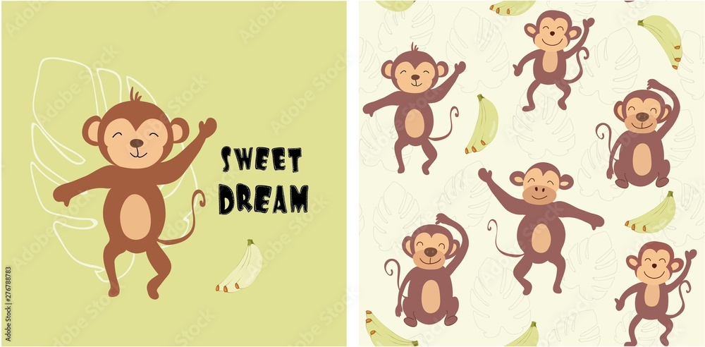 Obraz premium set of monkey print and seamless pattern with monkeys.vector