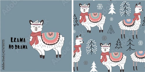 set of cute llama print and seamless pattern with llamas. vector