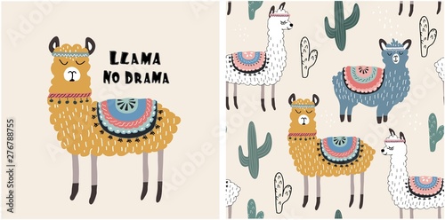 set of cute llama print and seamless pattern with llamas. vector
