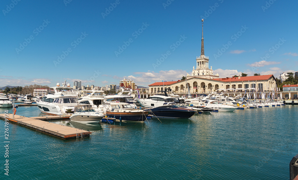 Panorama of the port with yachts in Sochi, Russia - March 30, 2019..