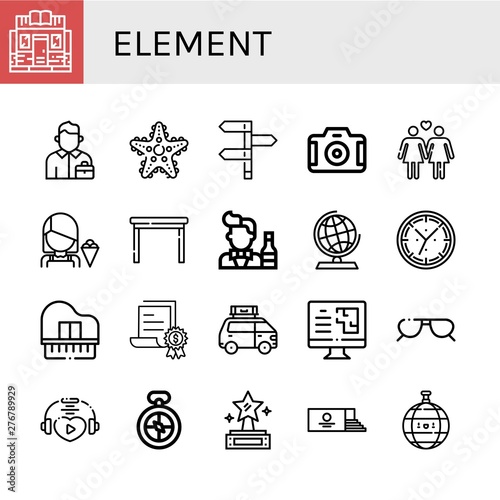 Set of element icons such as Bookstore, Salesman, Starfish, Directions, Camera, Lesbian, Seller, Table, Bartender, Globe, Clock, Piano, Certificate, Van, Computer, Sunglasses , element