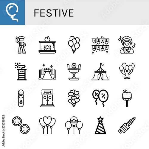 Set of festive icons such as Balloon, Disco, Aromatic candle, Balloons, Garlands, Firecracker, Red carpet, Fountain, Circus tent, Cracker, Entrance, Caramelized apple , festive