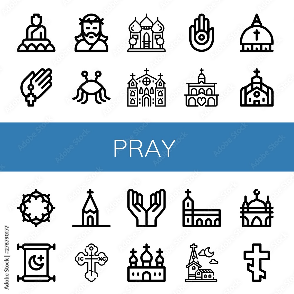 Set of pray icons such as Buddha, Prayer, Jesus, Pastafarianism, Mosque, Church, Jainism, Vatican, Crown of thorns, Islam, Orthodox cross, Monastery , pray